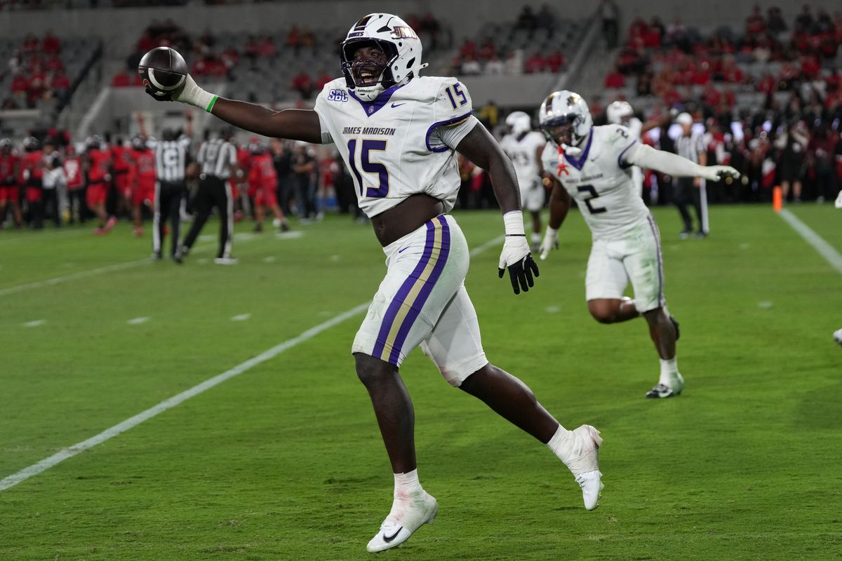 James Madison University linebacker JT Hooten (15) celebrates after intercepting the ball during an NCAA football game against San Diego State University, Saturday September 19, 2026 in San Diego, California.