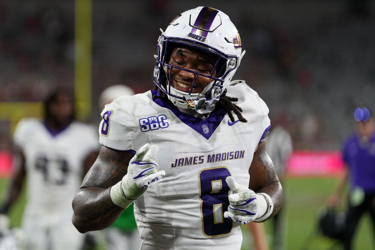 James Madison University wide receiver Jeremiah Harrison (8) dances as he walks off the field at the end of the first half during an NCAA football game against San Diego State University, Saturday September 19, 2026 in San Diego, California.