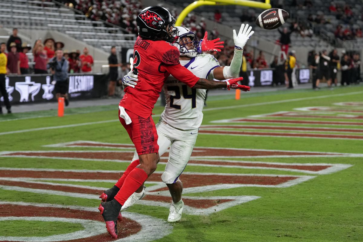 San Diego State University wide receiver Nathan Acevedo (3) catches the ball for a touchdown during an NCAA football game against James Madison University, Saturday September 19, 2026 in San Diego, California.
