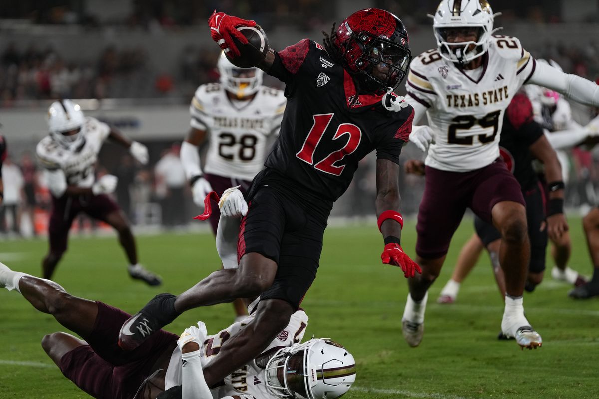 San Diego State University wide receiver Jaylon Hawkins (12) runs through the defense during an NCAA football game against Texas State University, Saturday October 03, 2026 in San Diego, California. San Diego State University wide receiver Jaylon Hawkins (12) runs through the defense during an NCAA football game against Texas State University, Saturday October 03, 2026 in San Diego, California.