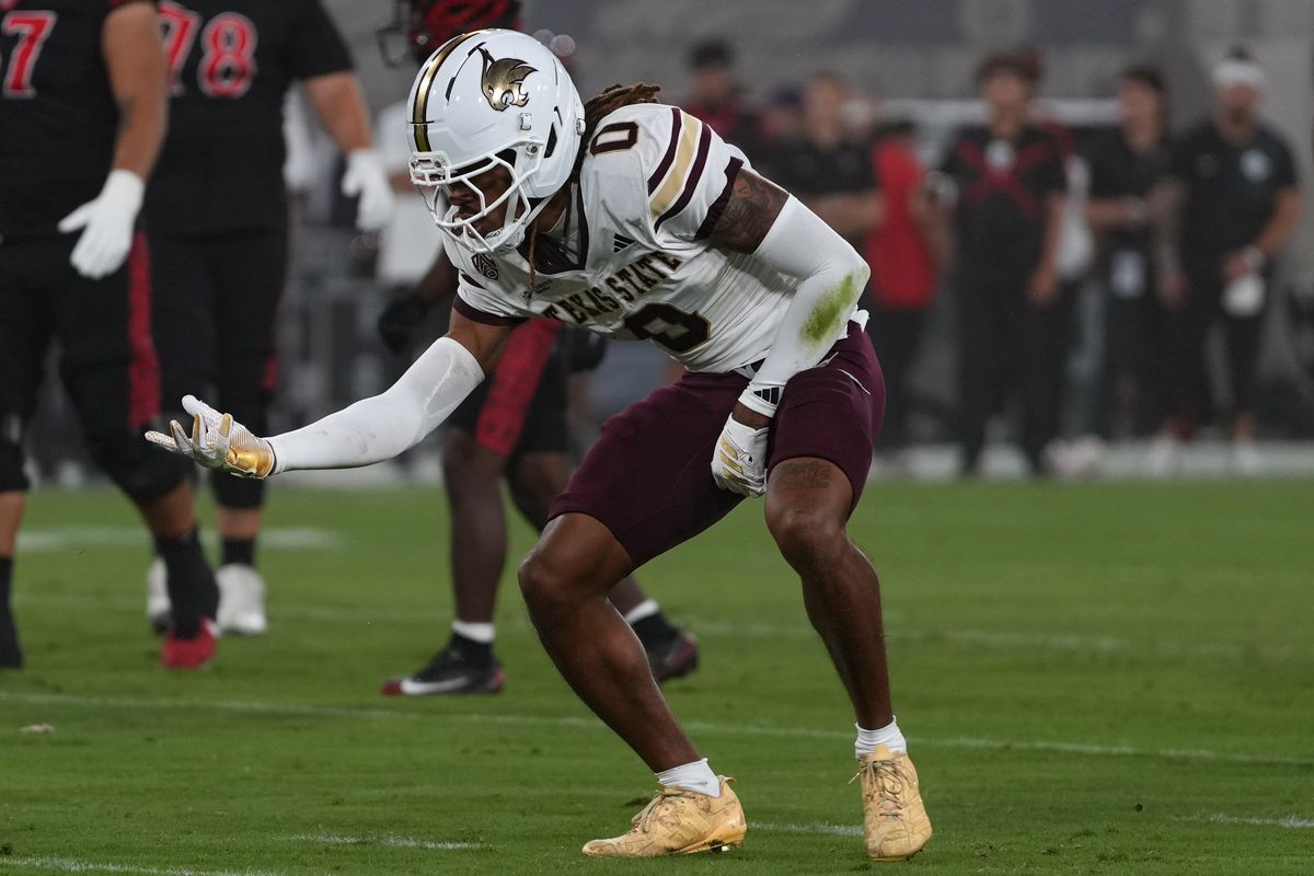 Texas State University defensive back Jayden Lawton (0) celebrates after making a tackle during an NCAA football game against San Diego State University, Saturday October 03, 2026 in San Diego, California. Texas State University defensive back Jayden Lawton (0) celebrates after making a tackle during an NCAA football game against San Diego State University, Saturday October 03, 2026 in San Diego, California.
