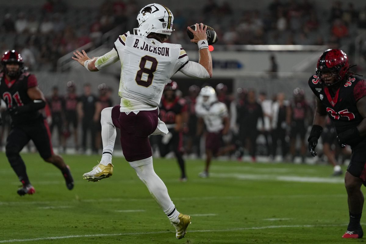 Texas State University quarterback Brad Jackson (8) throws the ball during an NCAA football game against San Diego State University, Saturday October 03, 2026 in San Diego, California. Texas State University quarterback Brad Jackson (8) throws the ball during an NCAA football game against San Diego State University, Saturday October 03, 2026 in San Diego, California.