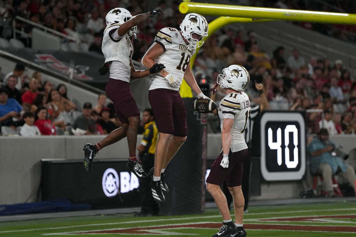 Texas State University tight end Ty Stamey (18) celebrates with teammates after scoring a touchdown during an NCAA football game against San Diego State University, Saturday October 03, 2026 in San Diego, California. Texas State University tight end Ty Stamey (18) celebrates with teammates after scoring a touchdown during an NCAA football game against San Diego State University, Saturday October 03, 2026 in San Diego, California.