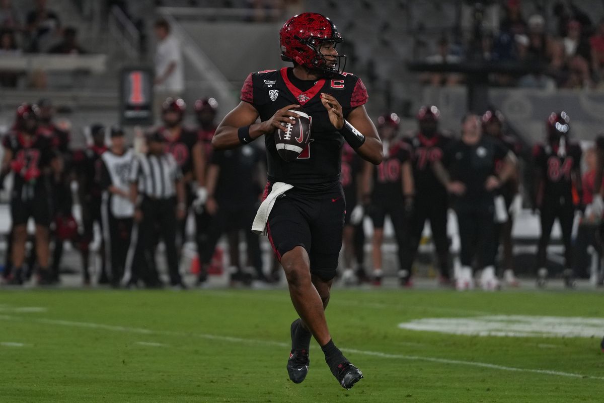 San Diego State University quarterback Jayden Denegal (4) scans the field during an NCAA football game against Texas State University, Saturday October 03, 2026 in San Diego, California. San Diego State University quarterback Jayden Denegal (4) scans the field during an NCAA football game against Texas State University, Saturday October 03, 2026 in San Diego, California.