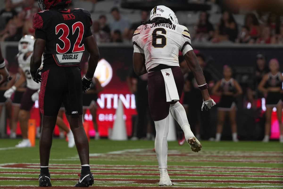 Texas State University running back Davian Jackson (6)celebrates after scoring a touchdown during an NCAA football game against San Diego State University, Saturday October 03, 2026 in San Diego, California. Texas State University running back Davian Jackson (6)celebrates after scoring a touchdown during an NCAA football game against San Diego State University, Saturday October 03, 2026 in San Diego, California.