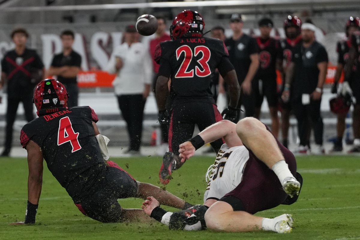 San Diego State University quarterback Jayden Denegal (4) throws the ball during an NCAA football game against Texas State University, Saturday October 03, 2026 in San Diego, California. San Diego State University quarterback Jayden Denegal (4) throws the ball during an NCAA football game against Texas State University, Saturday October 03, 2026 in San Diego, California.