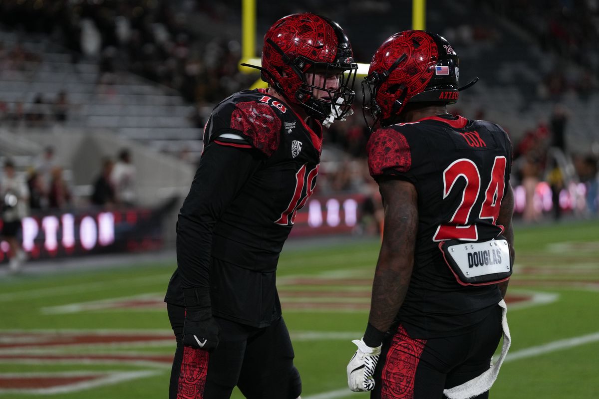 San Diego State University edge rusher Kai Wallin (18) and San Diego State University safety Josiah Cox (24) celebrate after intercepting the ball during an NCAA football game against Texas State University, Saturday October 03, 2026 in San Diego, California. San Diego State University edge rusher Kai Wallin (18) and San Diego State University safety Josiah Cox (24) celebrate after intercepting the ball during an NCAA football game against Texas State University, Saturday October 03, 2026 in San Diego, California.