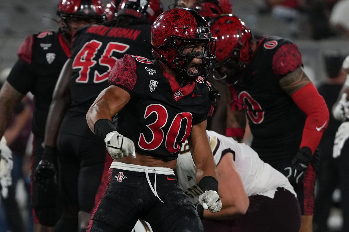 San Diego State University safety Jalen Thomeson (30) celebrates after making a tackle during an NCAA football game against Texas State University, Saturday October 03, 2026 in San Diego, California. San Diego State University safety Jalen Thomeson (30) celebrates after making a tackle during an NCAA football game against Texas State University, Saturday October 03, 2026 in San Diego, California.