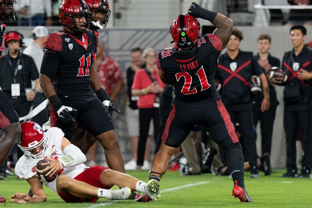 San Diego State University linebacker Tano Letuli (21) celebrates after sacking Fresno State quarterback Jayden Mandal (7) during a PAC-12 football game against Fresno State, Saturday October 17, 2026 in San Diego, California. San Diego State University linebacker Tano Letuli (21) celebrates after sacking Fresno State quarterback Jayden Mandal (7) during a PAC-12 football game against Fresno State, Saturday October 17, 2026 in San Diego, California.