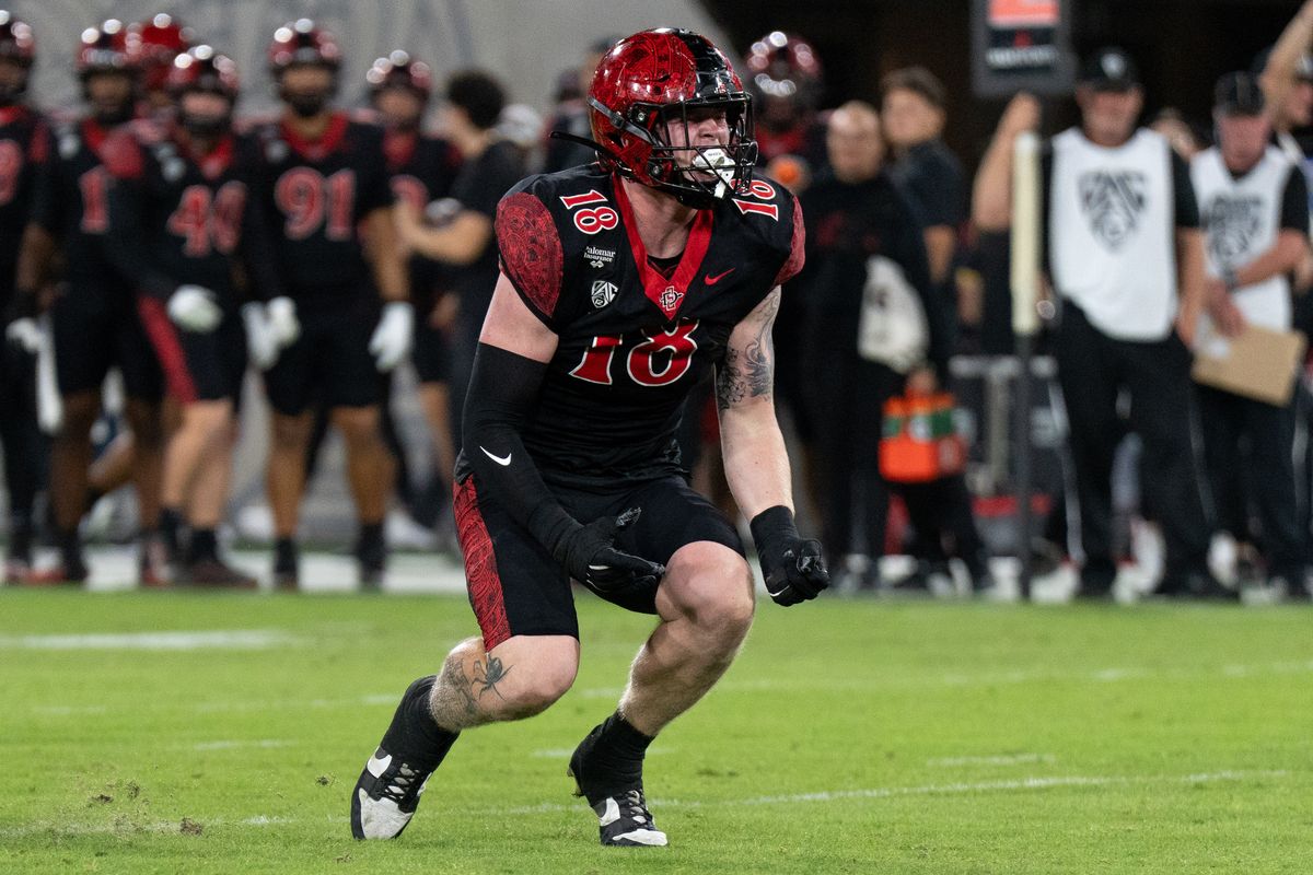 San Diego State University edge rusher Kai Wallin (18) celebrates after sacking Fresno State quarterback Jayden Mandal (7) during a PAC-12 football game against Fresno State, Saturday October 17, 2026 in San Diego, California. San Diego State University edge rusher Kai Wallin (18) celebrates after sacking Fresno State quarterback Jayden Mandal (7) during a PAC-12 football game against Fresno State, Saturday October 17, 2026 in San Diego, California.
