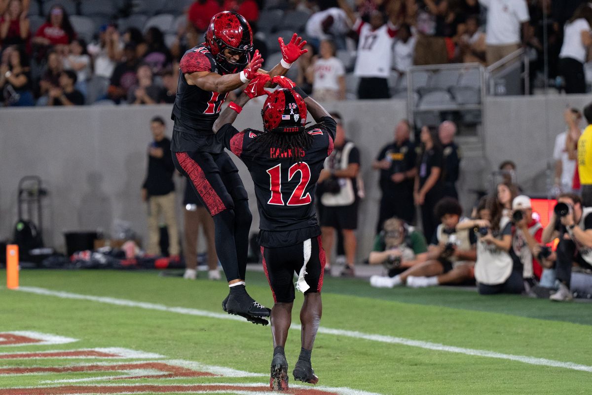 San Diego State University wide receiver Jaylon Hawkins (12) and San Diego State University wide receiver Jacob Bostick (17) celebrate after scoring a touchdown during a PAC-12 football game against Fresno State, Saturday October 17, 2026 in San Diego, California. San Diego State University wide receiver Jaylon Hawkins (12) and San Diego State University wide receiver Jacob Bostick (17) celebrate after scoring a touchdown during a PAC-12 football game against Fresno State, Saturday October 17, 2026 in San Diego, California.