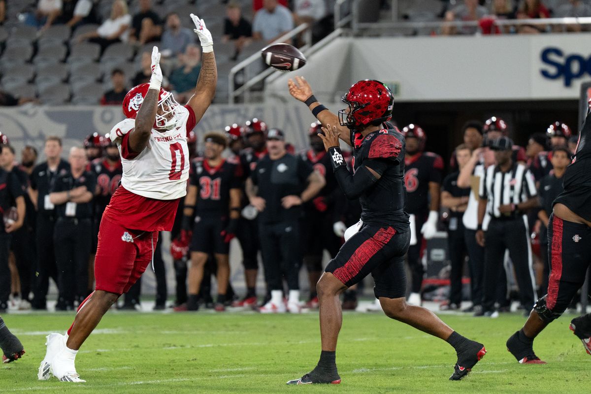 San Diego State University quarterback Jayden Denegal (4) throws the ball during a PAC-12 football game against Fresno State, Saturday October 17, 2026 in San Diego, California. San Diego State University quarterback Jayden Denegal (4) throws the ball during a PAC-12 football game against Fresno State, Saturday October 17, 2026 in San Diego, California.