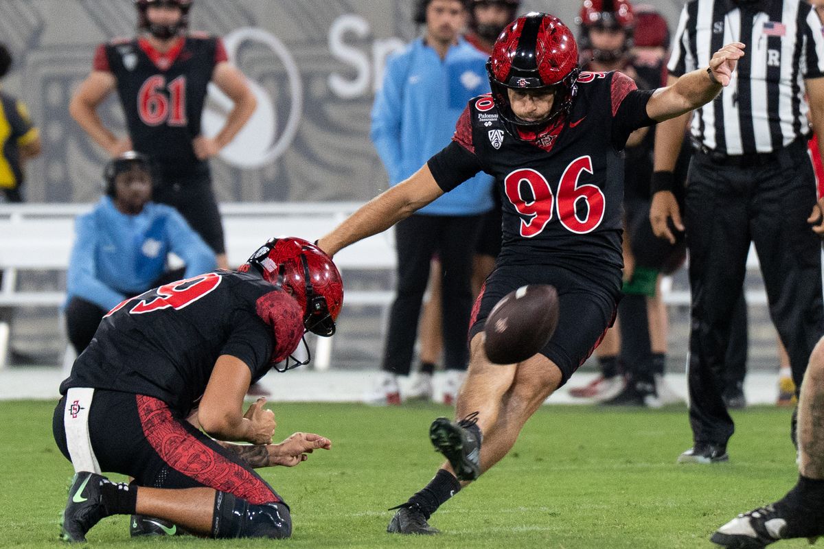 San Diego State University placekicker Cooper DiLeva (96) kicks a field goal during a PAC-12 football game against Fresno State, Saturday October 17, 2026 in San Diego, California. San Diego State University placekicker Cooper DiLeva (96) kicks a field goal during a PAC-12 football game against Fresno State, Saturday October 17, 2026 in San Diego, California.