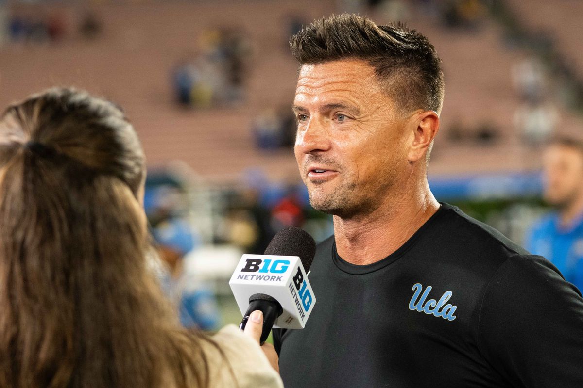 UCLA Bruins head coach Bob Chesney in an interview during a NCAA football game against Purdue at Rose Bowl Stadium on September 19th, 2026 in Pasadena, California. UCLA Bruins head coach Bob Chesney in an interview during a NCAA football game against Purdue at Rose Bowl Stadium on September 19th, 2026 in Pasadena, California.
