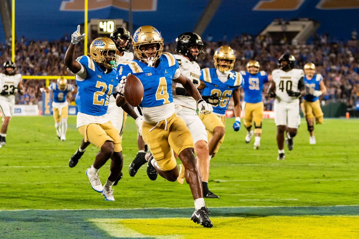 UCLA Bruins WR Semaj Morgan (4) completes the touchdown during a NCAA football game against Purdue at Rose Bowl Stadium on September 19th, 2026 in Pasadena, California. UCLA Bruins WR Semaj Morgan (4) completes the touchdown during a NCAA football game against Purdue at Rose Bowl Stadium on September 19th, 2026 in Pasadena, California.
