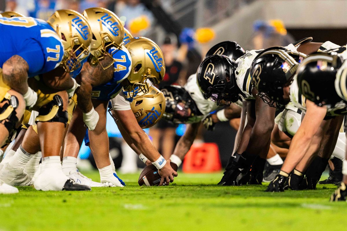 UCLA Bruins faces off against Purdue during a NCAA football game against Purdue at Rose Bowl Stadium on September 19th, 2026 in Pasadena, California. UCLA Bruins faces off against Purdue during a NCAA football game against Purdue at Rose Bowl Stadium on September 19th, 2026 in Pasadena, California.