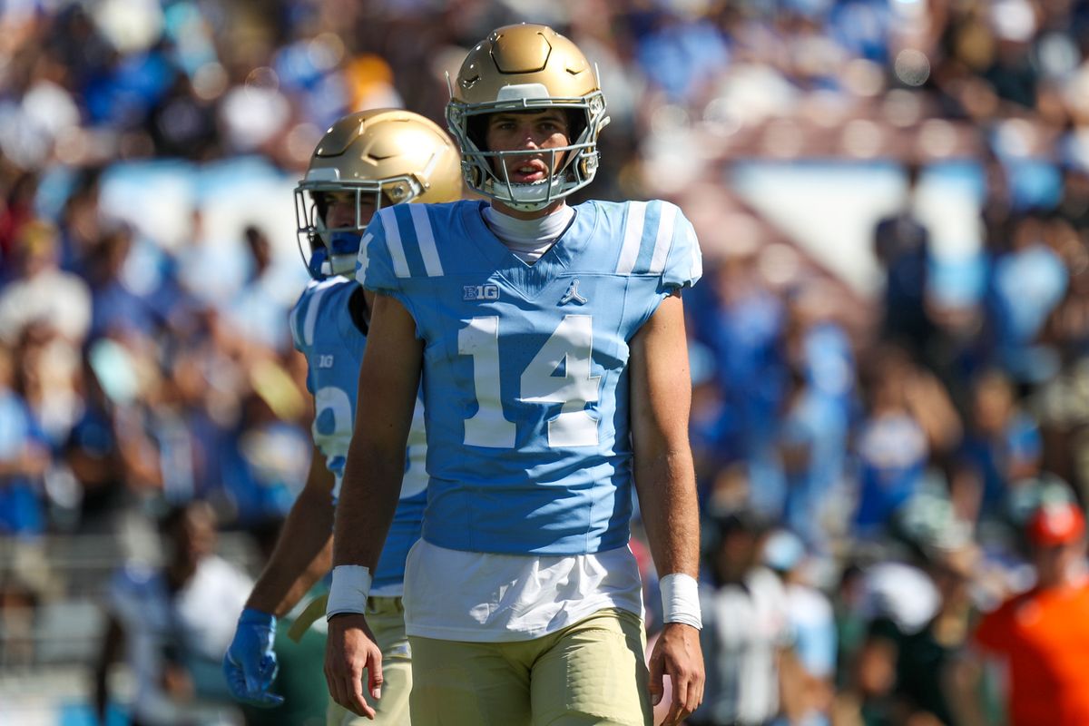 Ty Deiffenbach #14 of the UCLA Bruins looks on during the game against the Michigan State Spartans at Rose Bowl Stadium on October 24, 2026 in Pasadena, California. Ty Deiffenbach #14 of the UCLA Bruins looks on during the game against the Michigan State Spartans at Rose Bowl Stadium on October 24, 2026 in Pasadena, California.