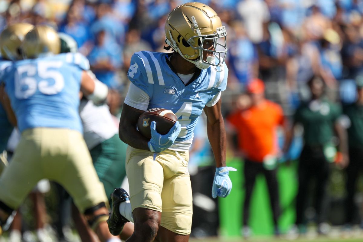 Semaj Morgan #4 of the UCLA Bruins runs with the football during the game against the Michigan State Spartans at Rose Bowl Stadium on October 24, 2026 in Pasadena, California. Semaj Morgan #4 of the UCLA Bruins runs with the football during the game against the Michigan State Spartans at Rose Bowl Stadium on October 24, 2026 in Pasadena, California.