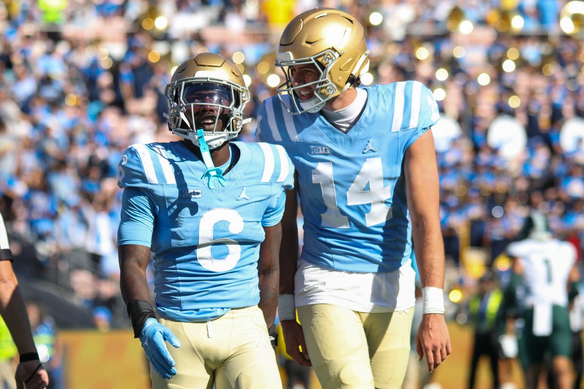 Ty Dieffenbach #14 and Anthony Woods #6 of the UCLA Bruins celebrate a touchdown during the game against the Michigan State Spartans at Rose Bowl Stadium on October 24, 2026 in Pasadena, California. Ty Dieffenbach #14 and Anthony Woods #6 of the UCLA Bruins celebrate a touchdown during the game against the Michigan State Spartans at Rose Bowl Stadium on October 24, 2026 in Pasadena, California.