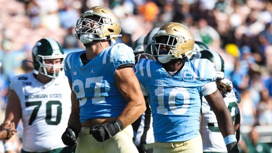 Aiden Gobaira #97 of the UCLA Bruins celebrates a sack during the game against the Michigan State Spartans at Rose Bowl Stadium on October 24, 2026 in Pasadena, California. Aiden Gobaira #97 of the UCLA Bruins celebrates a sack during the game against the Michigan State Spartans at Rose Bowl Stadium on October 24, 2026 in Pasadena, California.