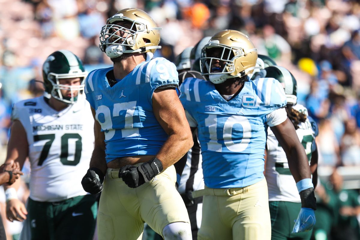 Aiden Gobaira #97 of the UCLA Bruins celebrates a sack during the game against the Michigan State Spartans at Rose Bowl Stadium on October 24, 2026 in Pasadena, California. Aiden Gobaira #97 of the UCLA Bruins celebrates a sack during the game against the Michigan State Spartans at Rose Bowl Stadium on October 24, 2026 in Pasadena, California.