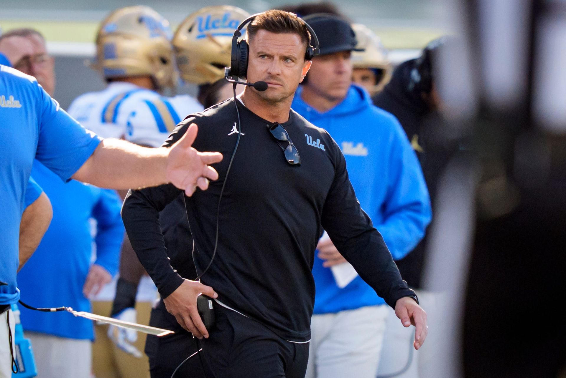 UCLA head coach Bob Chesney takes a timeout as the Oregon Ducks host the UCLA Bruins on Oct. 10, 2026, at Autzen Stadium in Eugene, Oregon. UCLA head coach Bob Chesney takes a timeout as the Oregon Ducks host the UCLA Bruins on Oct. 10, 2026, at Autzen Stadium in Eugene, Oregon.