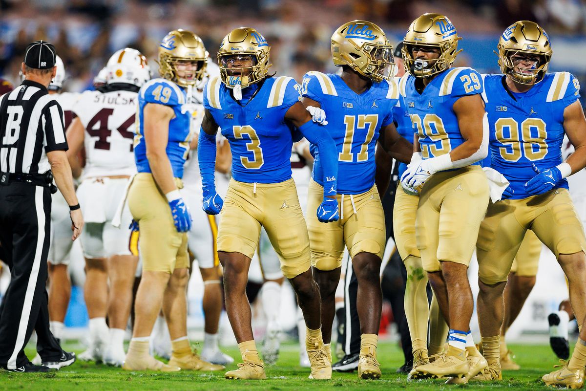 Devin Kirkwood #3 of the UCLA Bruins celebrates during the first half against Minnesota Golden Gophers at Rose Bowl on October 12, 2024 in Pasadena, California.