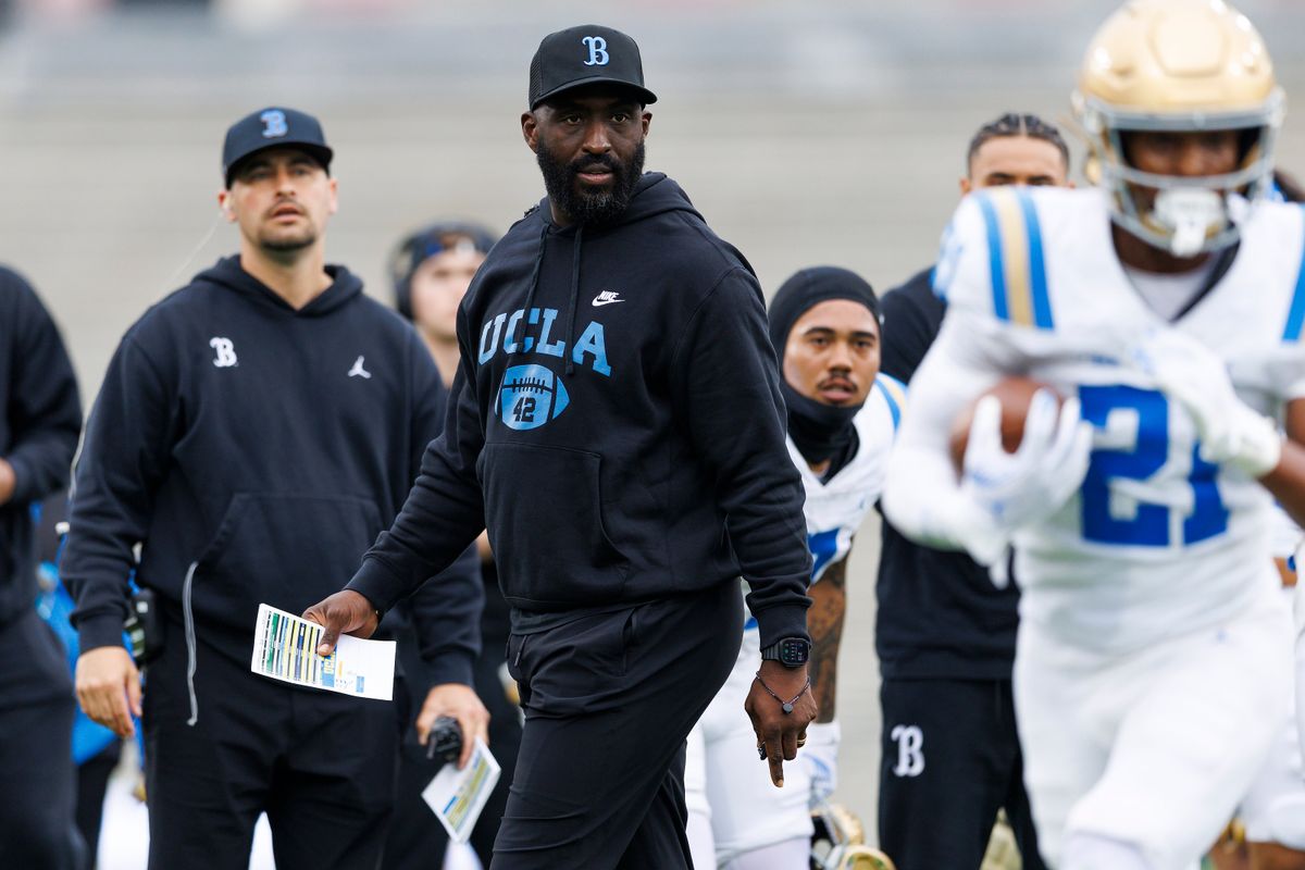 Deshaun Foster on the field during the UCLA Football Spring Showcase at Rose Bowl Stadium on May 3, 2025 in Pasadena, California. 