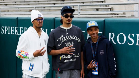 Nico Iamaleava, Madden Iamaleava and Jake Iamaleava poses for a photo on the sideline during the UCLA Football Spring Showcase at Rose Bowl Stadium on May 3, 2025 in Pasadena, California. Nico Iamaleava, Madden Iamaleava and Jake Iamaleava poses for a photo on the sideline during the UCLA Football Spring Showcase at Rose Bowl Stadium on May 3, 2025 in Pasadena, California.