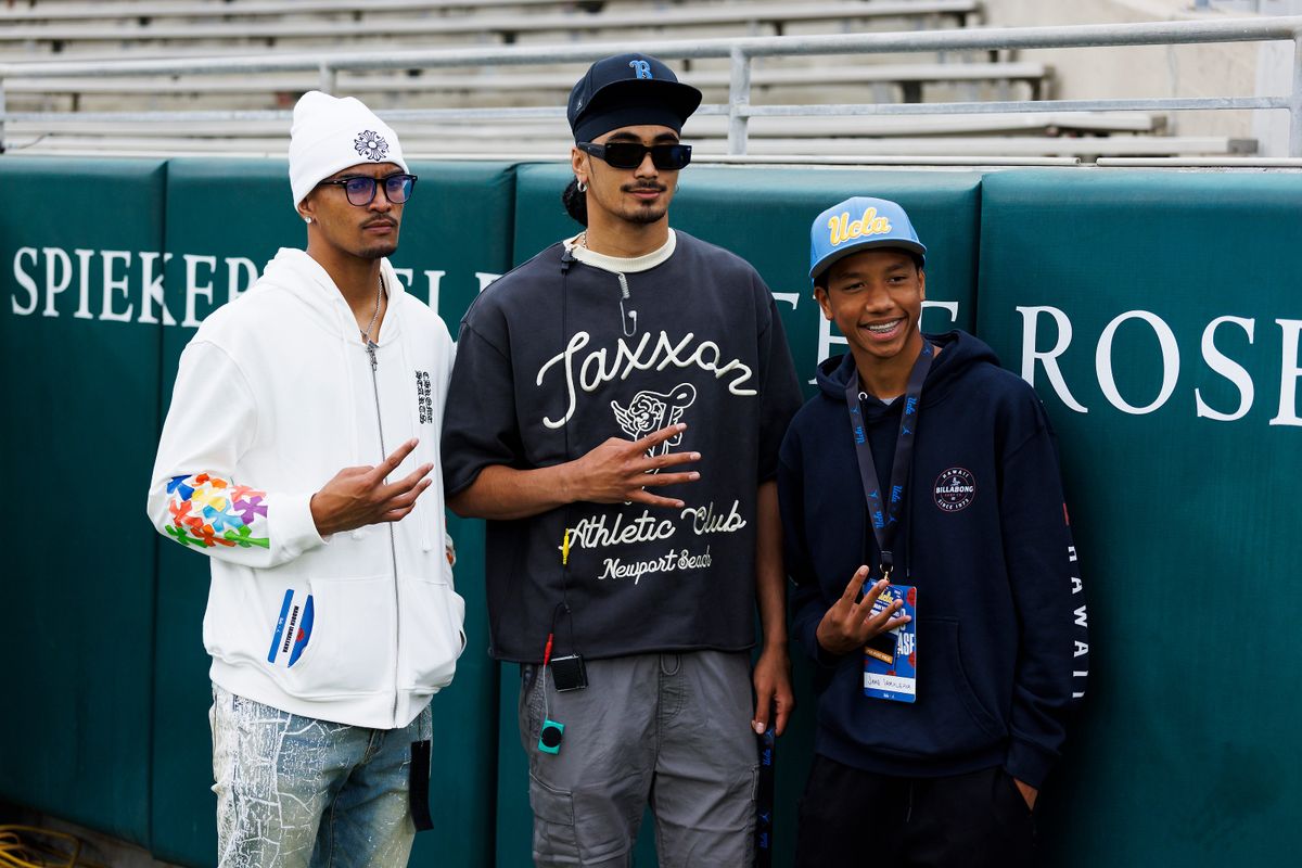 Nico Iamaleava, Madden Iamaleava and Jake Iamaleava poses for a photo on the sideline during the UCLA Football Spring Showcase at Rose Bowl Stadium on May 3, 2025 in Pasadena, California.