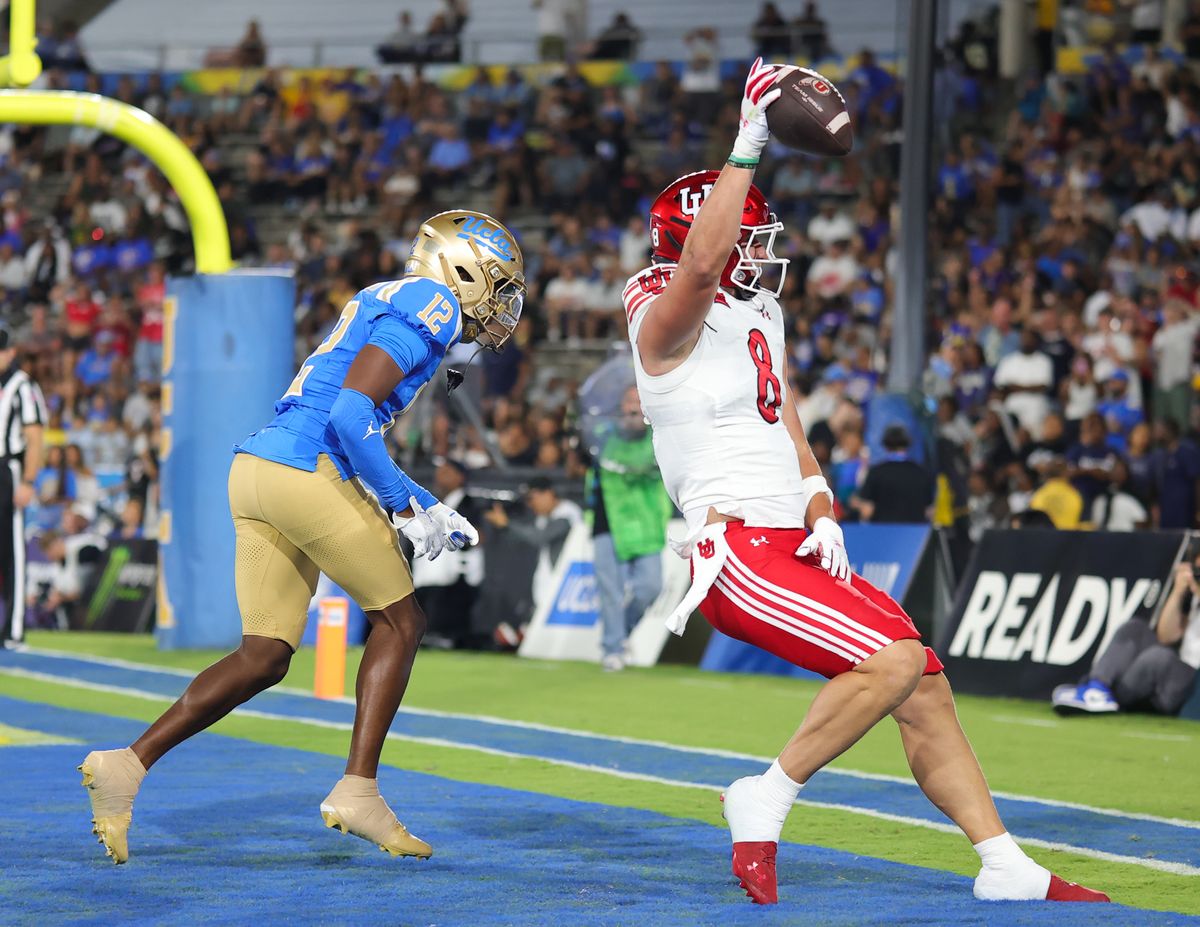 #8 Mana Carvahlo of the Utah Utes celebrates a touchdown during an NCAA football game against UCLA, Saturday August 30, 2025 in Pasadena, CA. #8 Mana Carvahlo of the Utah Utes celebrates a touchdown during an NCAA football game against UCLA, Saturday August 30, 2025 in Pasadena, CA.