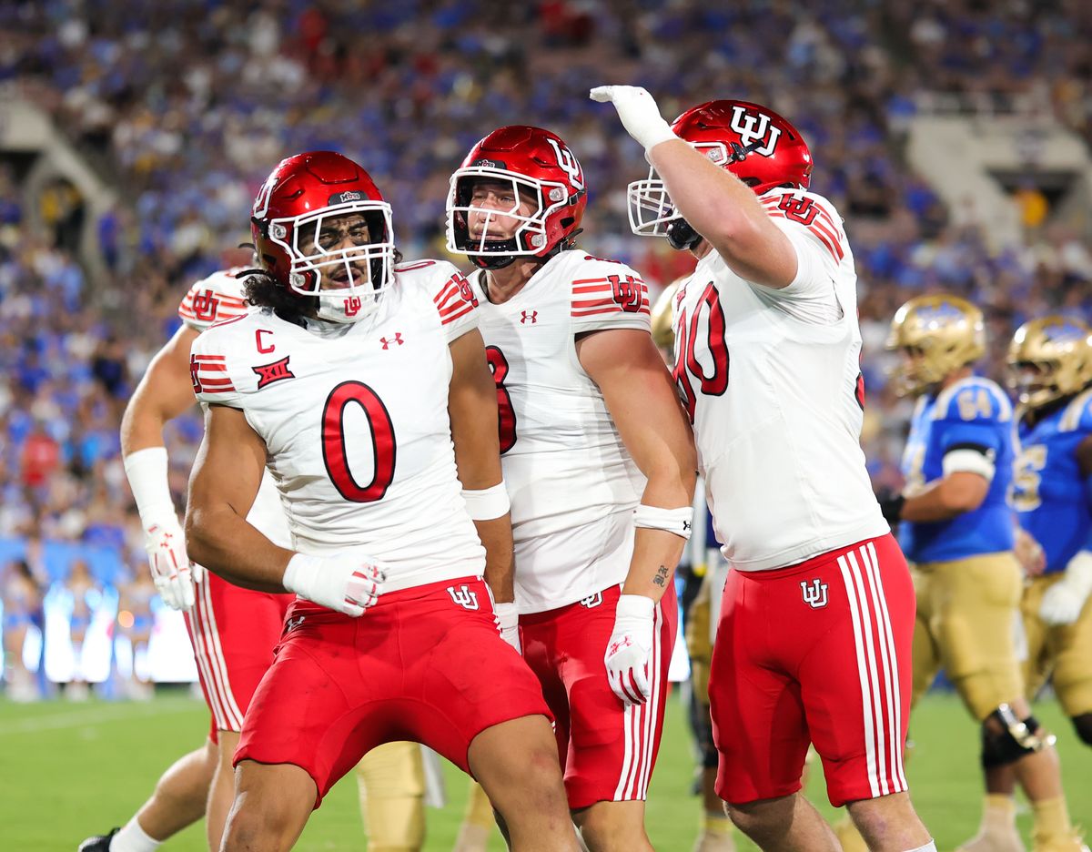 #0 Logan Fano of the Utah Utes celebrates a defensive stop with teammates during an NCAA football game against UCLA, Saturday August 30, 2025 in Pasadena, CA. #0 Logan Fano of the Utah Utes celebrates a defensive stop with teammates during an NCAA football game against UCLA, Saturday August 30, 2025 in Pasadena, CA.
