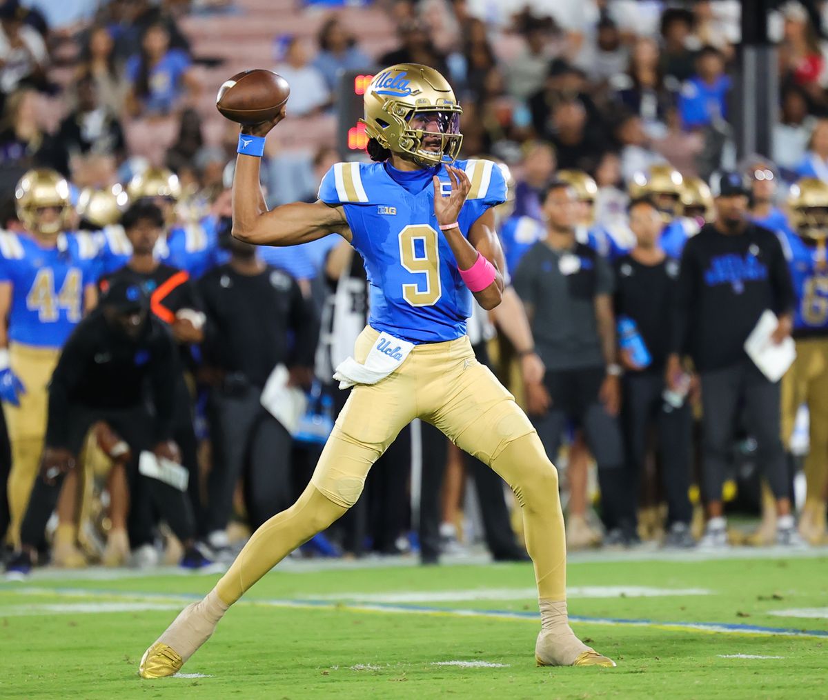 #9 Nico Iamaleava of the UCLA Bruins drops back to pass during an NCAA football game against the University of Utah, August 30, 2025 in Pasadena, CA.
