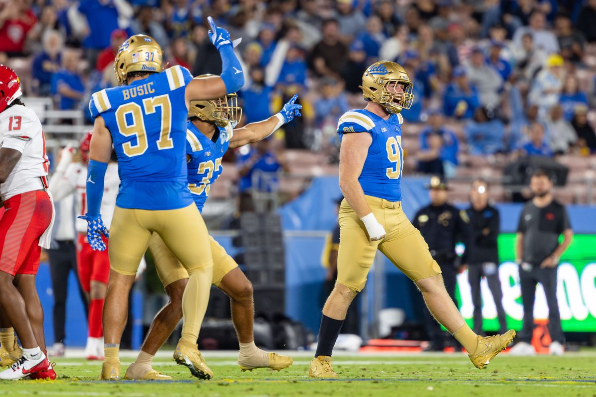 Defensive lineman Michael Sullivan #91 of the UCLA Bruins celebrates a turnover during an NCAA football game against the New Mexico Lobos at the Rose Bowl on September 12, 2025 in Pasadena, California. Defensive lineman Michael Sullivan #91 of the UCLA Bruins celebrates a turnover during an NCAA football game against the New Mexico Lobos at the Rose Bowl on September 12, 2025 in Pasadena, California.