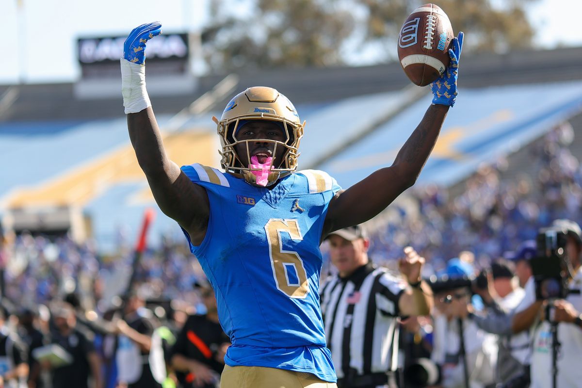 #6 Anthony Woods of UCLA celebrates a touchdown during an NCAA football game against Penn State on October 4, 2025 in Pasadena, CA. #6 Anthony Woods of UCLA celebrates a touchdown during an NCAA football game against Penn State on October 4, 2025 in Pasadena, CA.