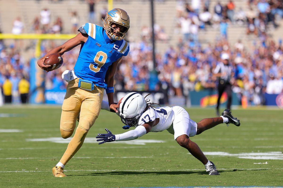 #9 Nico Iamaleava of UCLA carries the football upfield during an NCAA football game against Penn State on October 4, 2025 in Pasadena, CA. #9 Nico Iamaleava of UCLA carries the football upfield during an NCAA football game against Penn State on October 4, 2025 in Pasadena, CA.