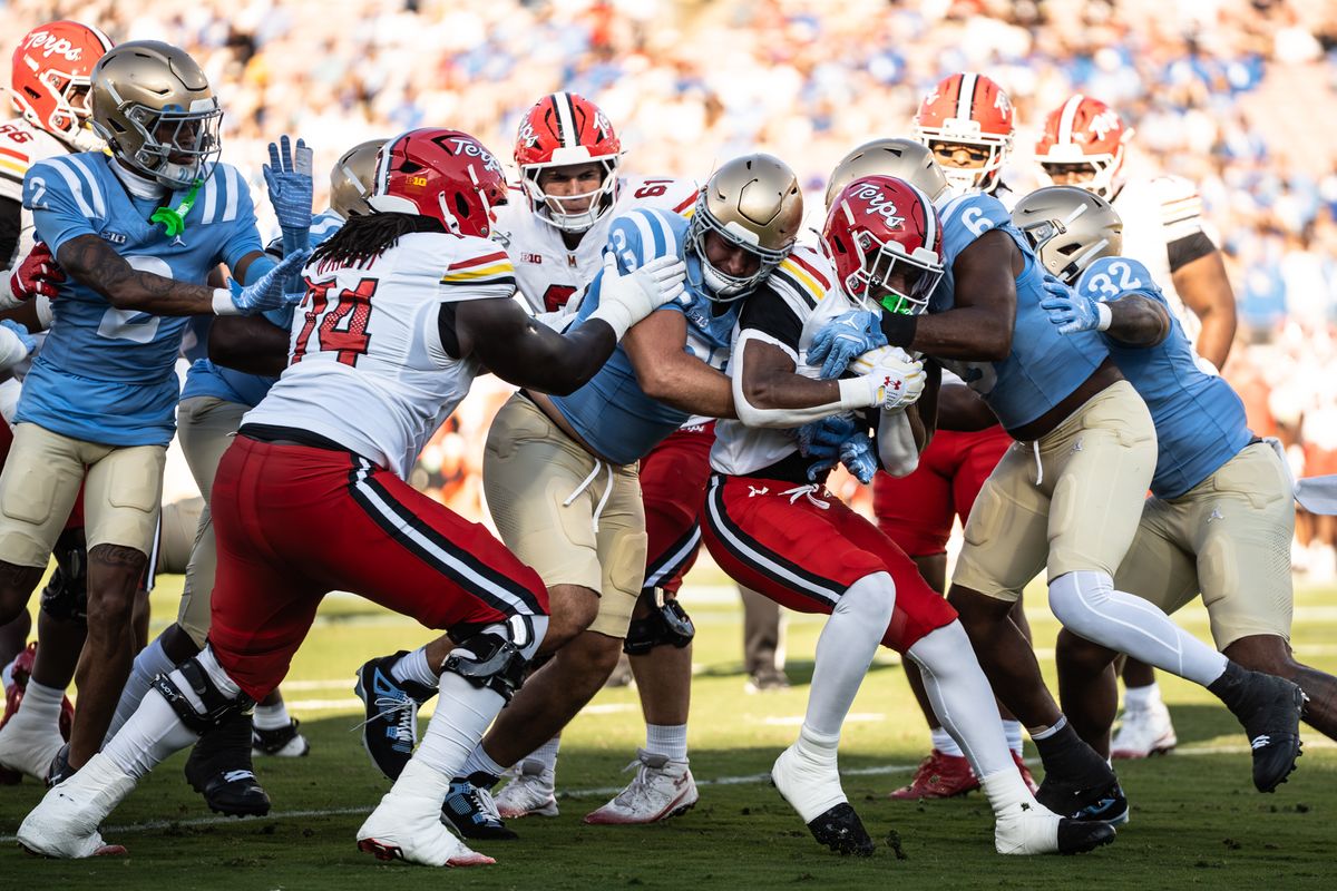 UCLA defense was stopping the run during an NCAA football game against Maryland Terrapins on October 18, 2025 in Pasadena, CA.
