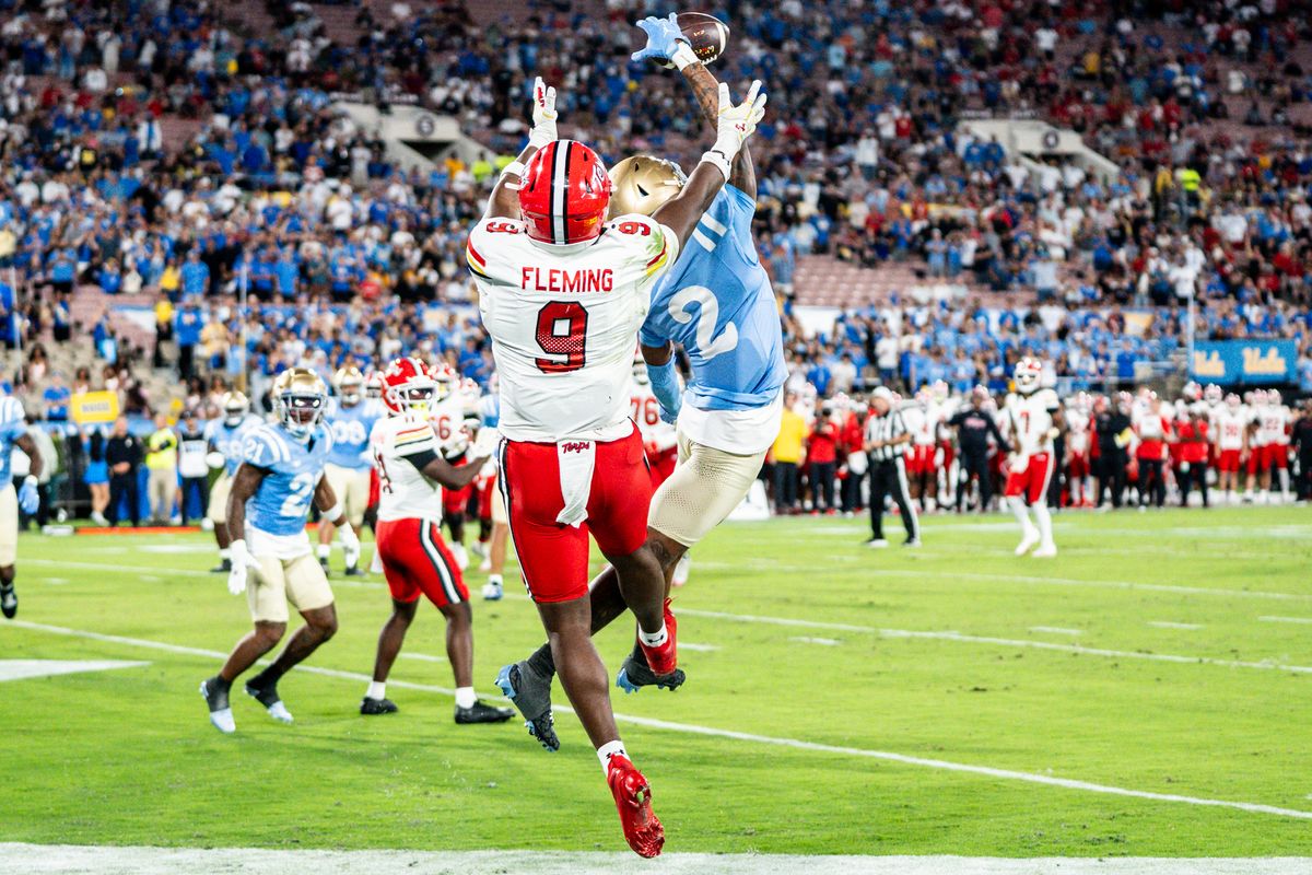 #2 Andre Jordan Jr. of UCLA deflects a pass during an NCAA football game against Maryland Terrapinson October 18, 2025 in Pasadena, CA.