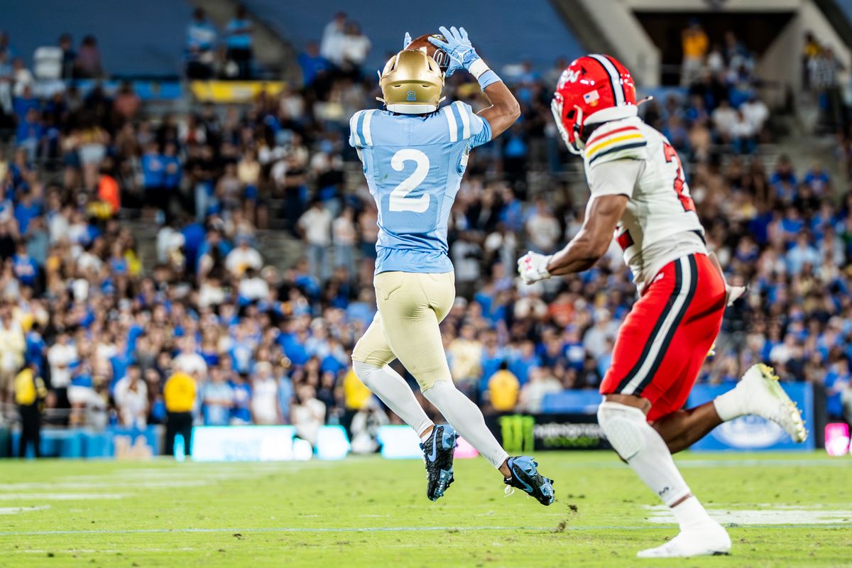 #2 Titus Mokiao-Atimalala of UCLA catches a pass during an NCAA football game against Maryland Terrapinson October 18, 2025 in Pasadena, CA.