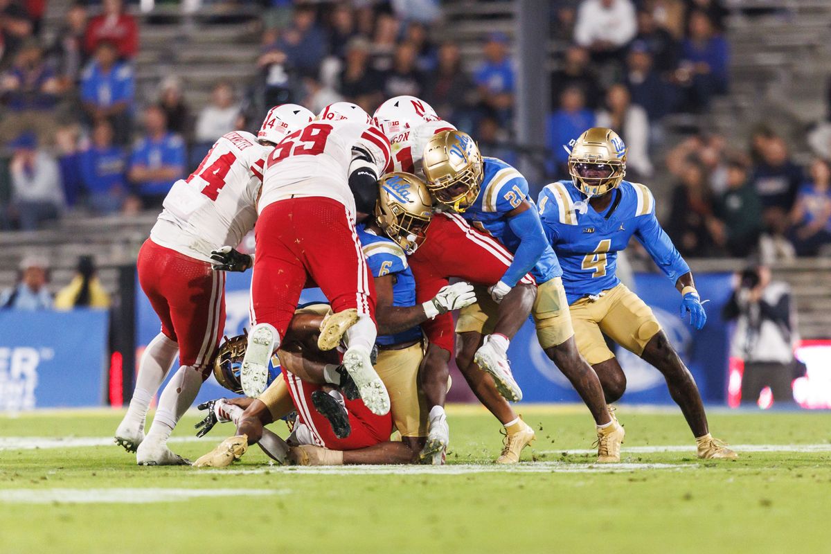 UCLA Bruins defense during the game against Nebraska Cornhuskers at Rose Bowl Stadium on November 8, 2025 in Pasadena, California. 