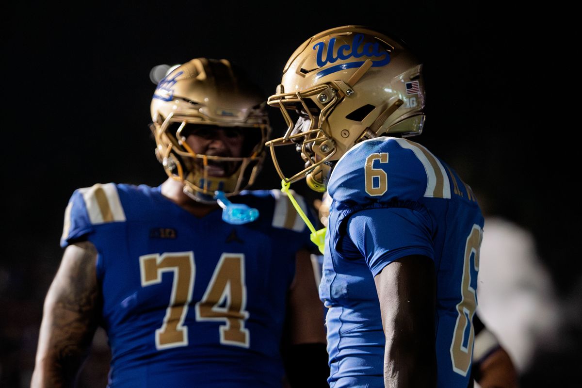 UCLA Bruins celebrate touchdown during the game against Nebraska Cornhuskers at Rose Bowl Stadium on November 8, 2025 in Pasadena, California. 