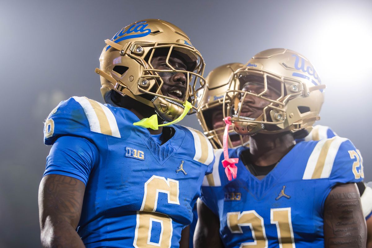 UCLA Bruins celebrate a touchdown during the game against Nebraska Cornhuskers at Rose Bowl Stadium on November 8, 2025 in Pasadena, California. 