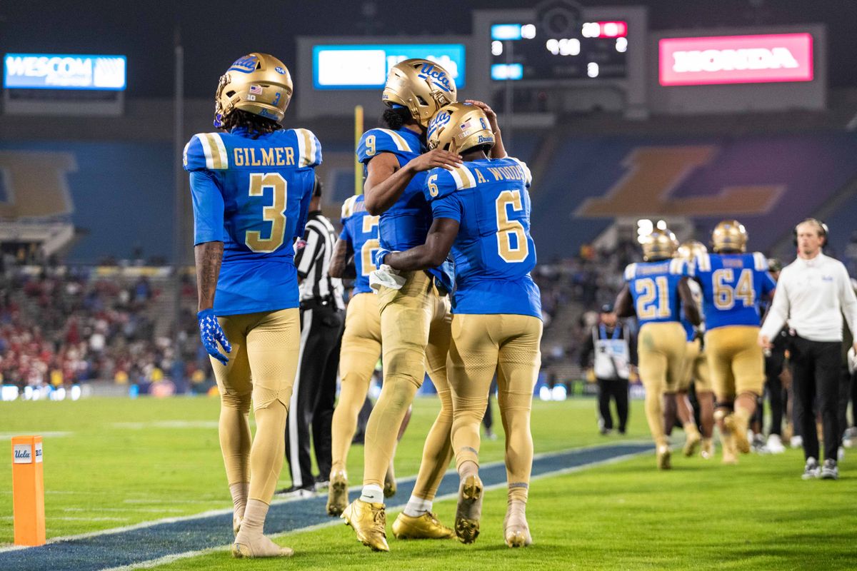 UCLA Bruins celebrate a touchdown during the game against Nebraska Cornhuskers at Rose Bowl Stadium on November 8, 2025 in Pasadena, California. 