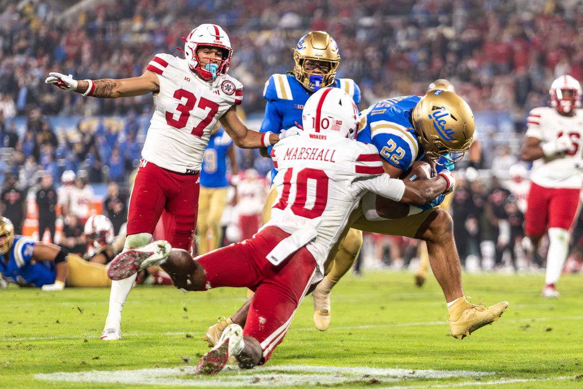 UCLA Bruins running back Anthony Frias II (22) runs in for a touchdown during the game against Nebraska Cornhuskers at Rose Bowl Stadium on November 8, 2025 in Pasadena, California. 