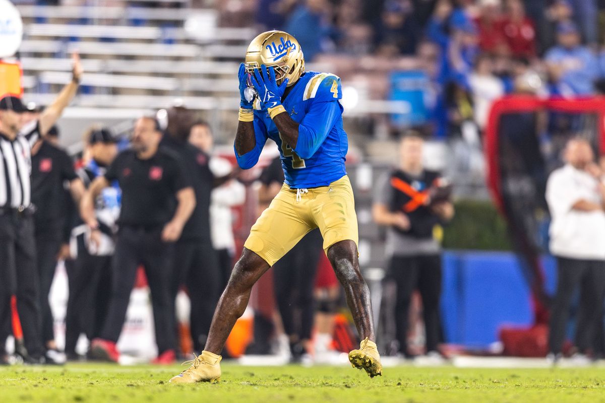 UCLA Bruins defensive back Key Lawrence (4) celebrates after sacking Nebraska Cornhuskers quarterback TJ Lateef (14) during the game against Nebraska Cornhuskers at Rose Bowl Stadium on November 8, 2025 in Pasadena, California. 