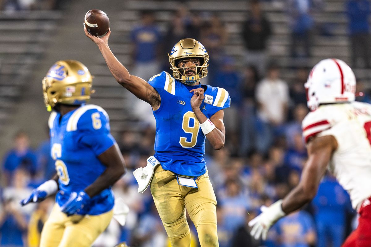 UCLA Bruins quarterback Nico Iamaleava (9) throws the ball during the game against Nebraska Cornhuskers at Rose Bowl Stadium on November 8, 2025 in Pasadena, California. 