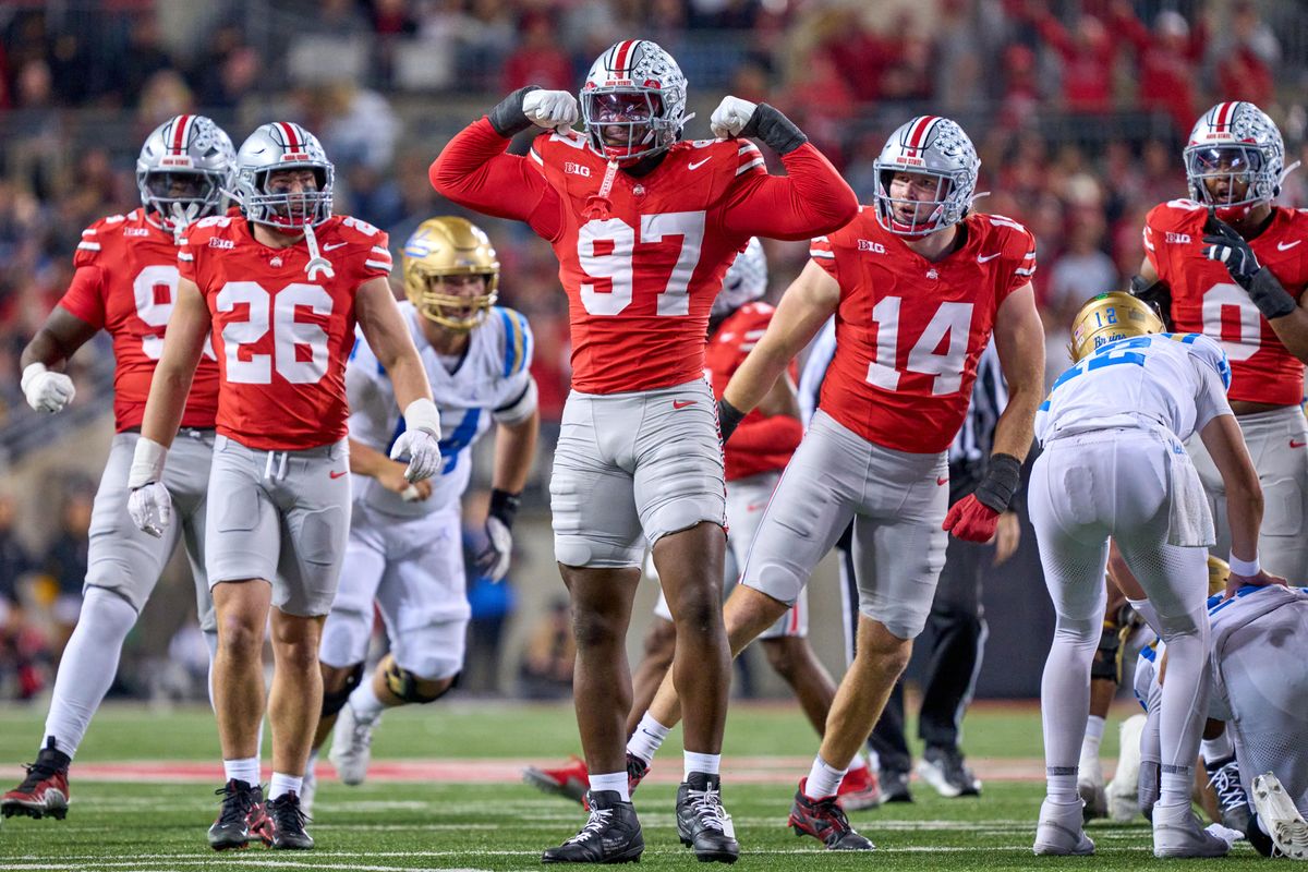 Ohio State Buckeyes defensive end Kenyatta Jackson Jr. #97 celebrates after scoring a touchdown in the second half against the UCLA Bruins during a college football game at Ohio Stadium on November 15, 2025 in Columbus, Ohio. Ohio State Buckeyes defensive end Kenyatta Jackson Jr. #97 celebrates after scoring a touchdown in the second half against the UCLA Bruins during a college football game at Ohio Stadium on November 15, 2025 in Columbus, Ohio.