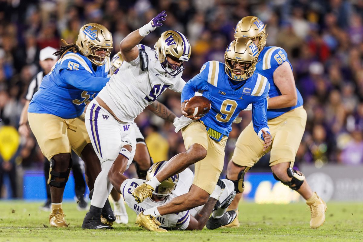 UCLA Bruins quarterback Nico Iamaleava (9) runs the ball during the game against Washington Huskies at Rose Bowl Stadium on November 22, 2025 in Pasadena, California. 