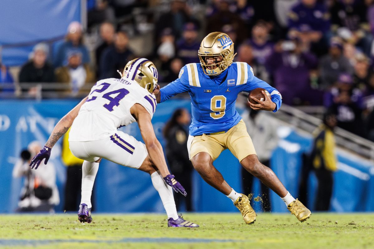 UCLA Bruins quarterback Nico Iamaleava (9) runs the ball during the game against Washington Huskies at Rose Bowl Stadium on November 22, 2025 in Pasadena, California. 