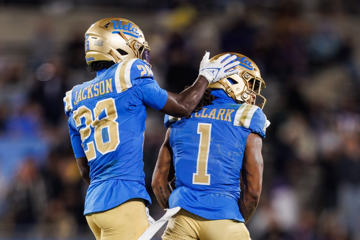 UCLA Bruins defensive back Kanye Clark (1) celebrates during the game against Washington Huskies at Rose Bowl Stadium on November 22, 2025 in Pasadena, California. 